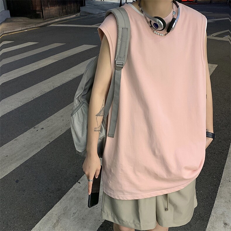DF359TP15纯棉无袖T恤男生夏季2022港风宽松纯色打底衫背心,男装T恤,电商A102-1