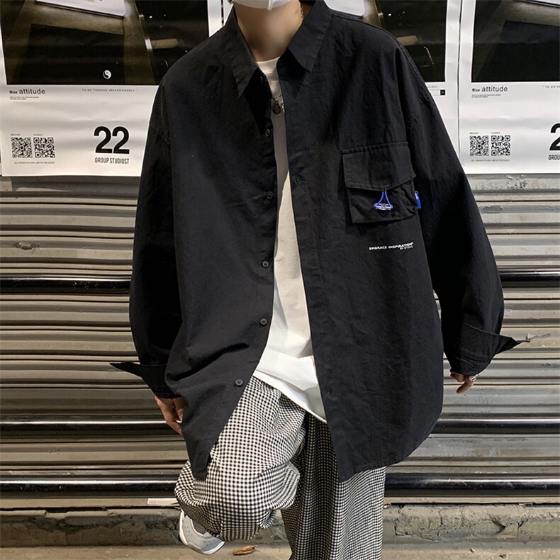 XZ213-CS006-P45控58港风大码潮牌痞帅ins工装纯色长袖翻领衬衫,男装衬衫,星座213