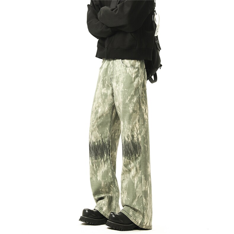 【现货】美式复古迷彩微喇重工心电图刺绣牛仔裤K763-P65控89,男装牛仔裤,星座502