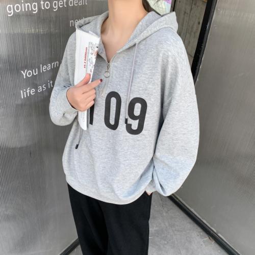 【现货】2021新款春纯色简约数字印花半开拉链连帽卫衣,女装卫衣/绒衫,壹题YITI