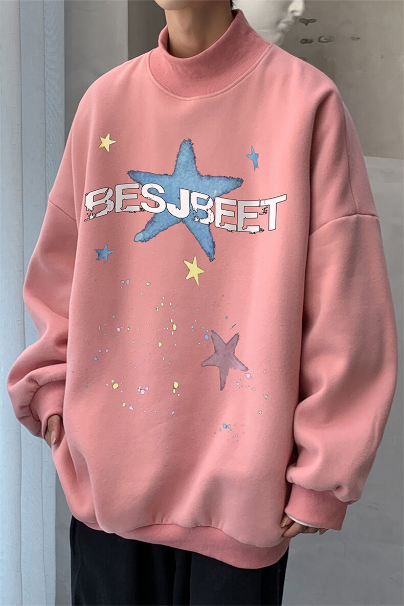 加绒加厚高领卫衣星星印花落肩袖情侣款打底衫男XZ514-2-G88-P48,男装T恤,星座514-2(原B239)