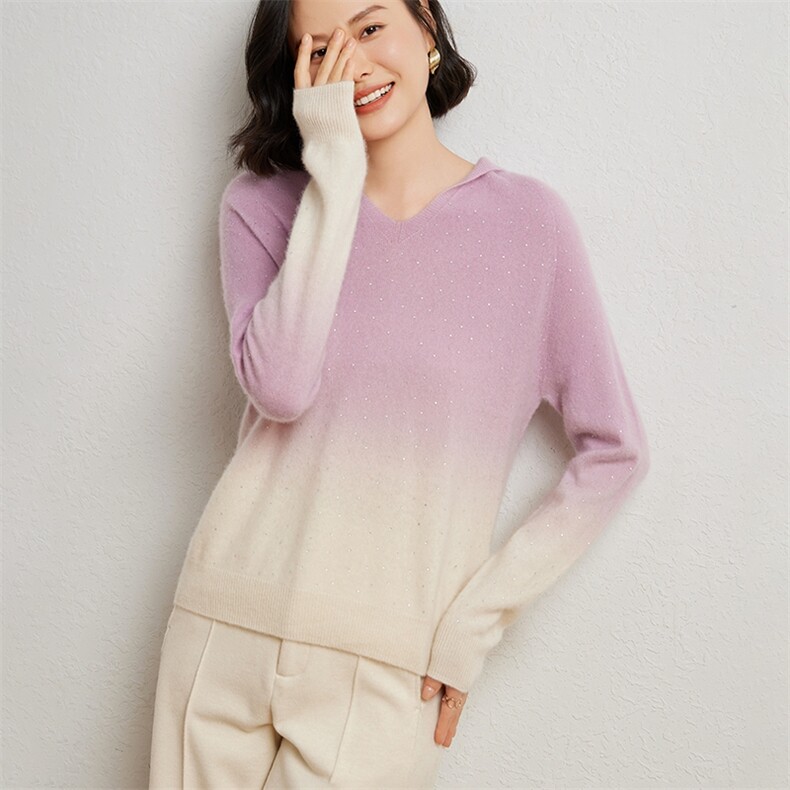时尚渐变色女士衫优雅V领加烫钻设计舒适保暖,女装羊绒衫,臻维羊绒