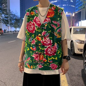 秋新东北大花布马甲修身背心马甲坎肩盘扣演出服男女大码外衣MJ02图片