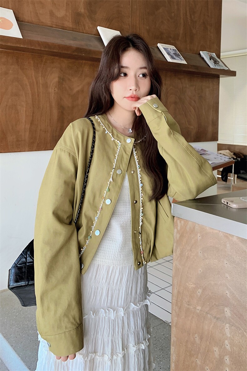 草黄色蕾丝花边复古棒球服外套女春秋2025新款韩版小个子夹克上衣,女装短外套,2C323