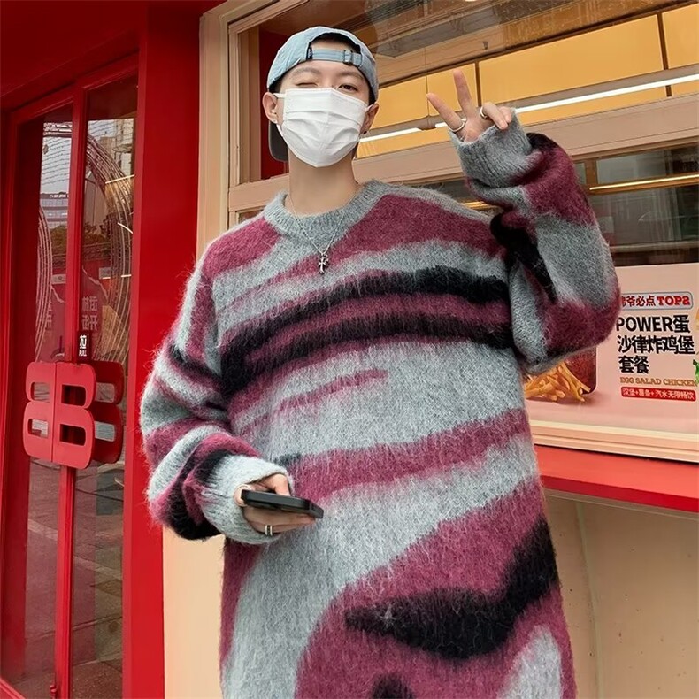 美式潮撞色条纹慵懒风男冬季宽松复古新款马海毛针织毛衣,男装针织衫/毛衣,星座716-3