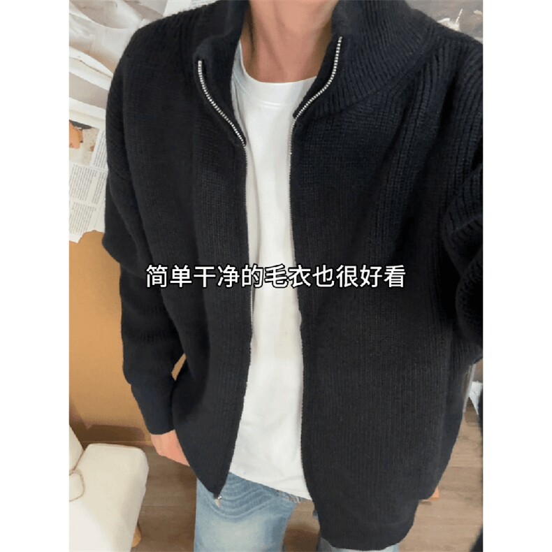 重磅秋冬北极绒双拉链毛衣开衫美式复古休闲慵懒风宽松针织衫外套图片