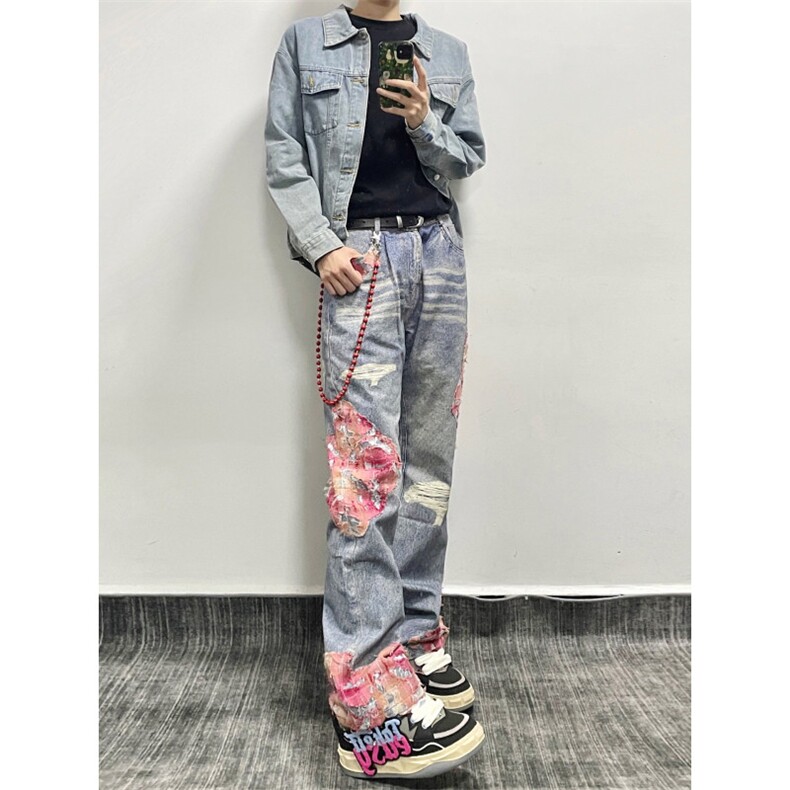 【有货】晚霞蕾丝拼接牛仔裤潮牌美式高街微喇裤子N0077CC-特P55,男装牛仔裤,星座1007（原301D）