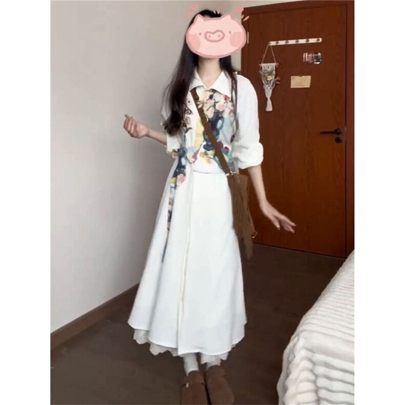 韩系学院风油画印花拼接翻领连衣裙女学生春秋季收腰绑带衬衫长裙,女装衬衫,星座506A