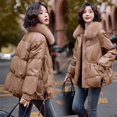 2024冬季女装新款时尚百搭可脱卸配色真毛领百鸭绒皮羽绒服，女装羽绒服，缘衣格