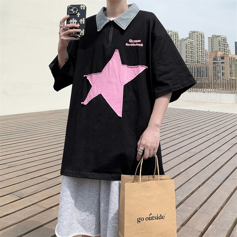 夏季新款港风美式几何通铺刺绣牛仔POLO领短袖T恤ins男ZX440-P28,男装T恤,星座313A(原308A-2)