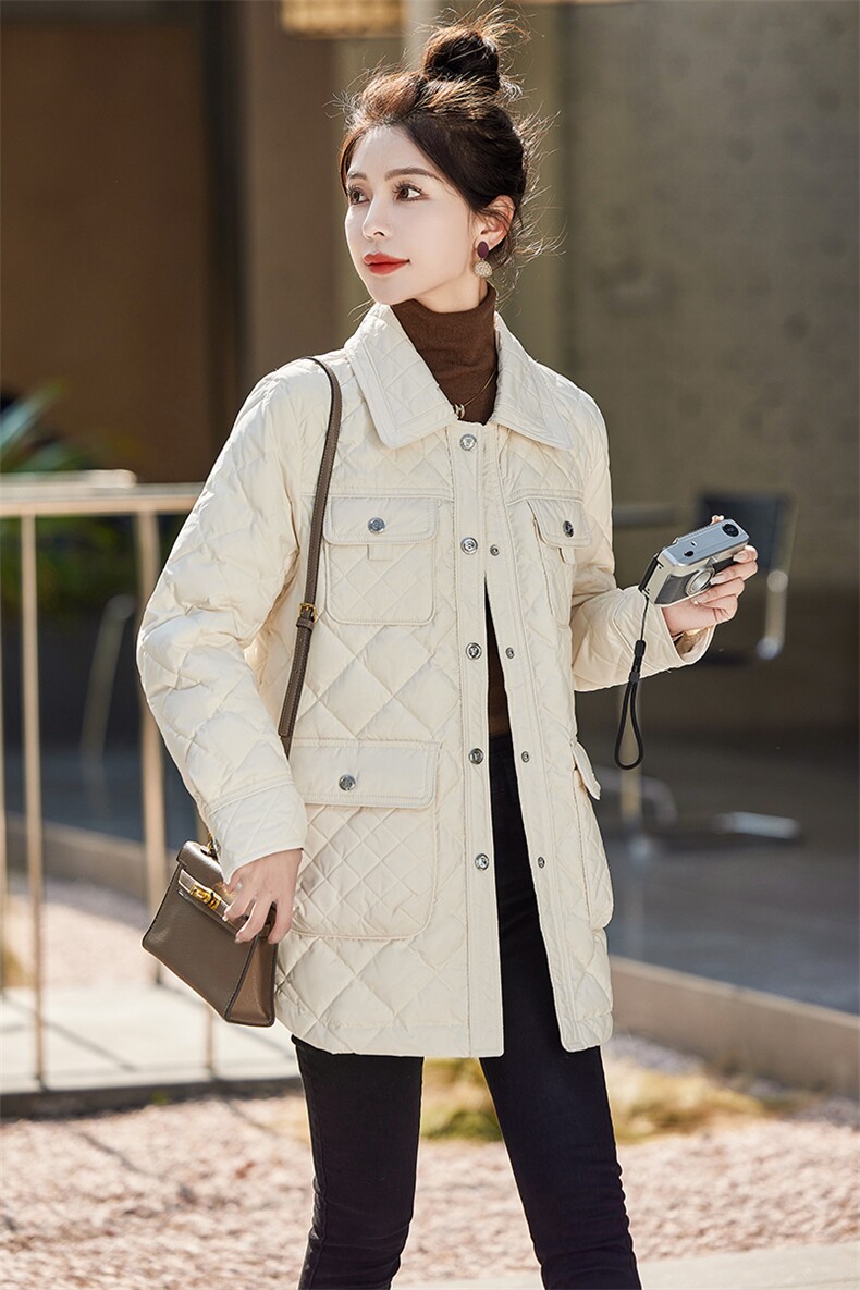 小香风中长款轻薄羽绒服女款2023年新款薄款翻领菱形格秋冬季外套,女装羽绒服,曼娅璐