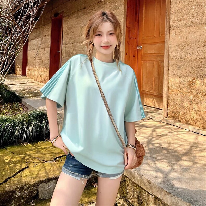 抖音得物品质二开240克宽松纯棉美式潮牌印花三条杠中性风短袖T恤,男装T恤,电商A486-1