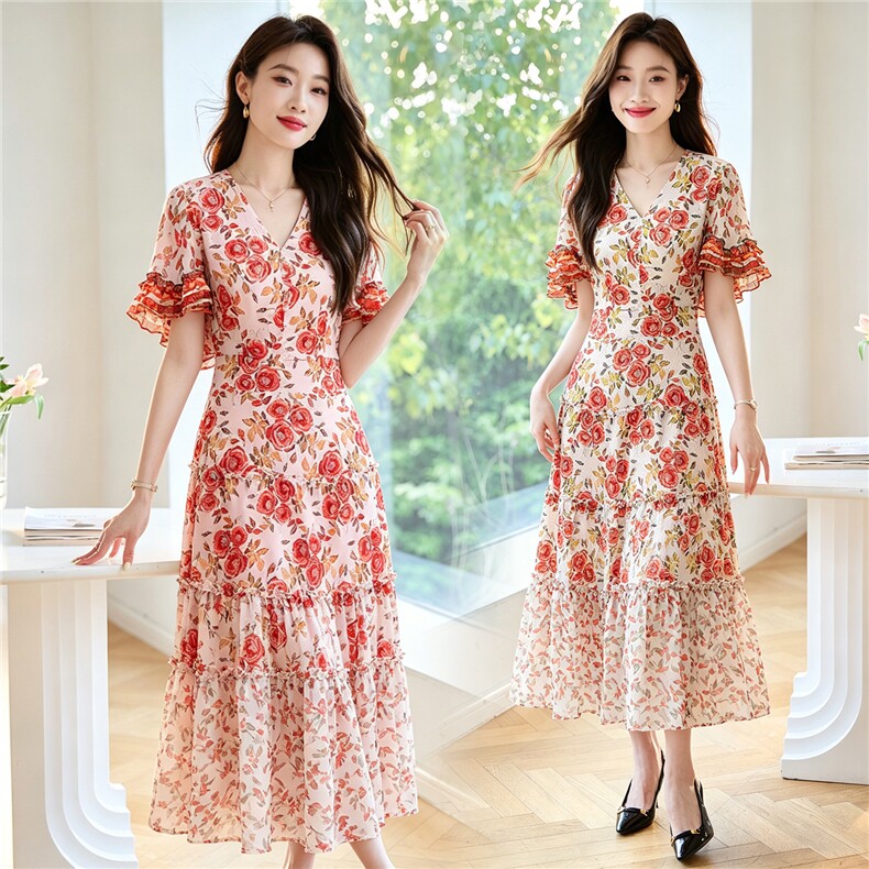 现货秒发2026夏装新款韩版碎花连衣裙大摆裙,女装连衣裙,妙形