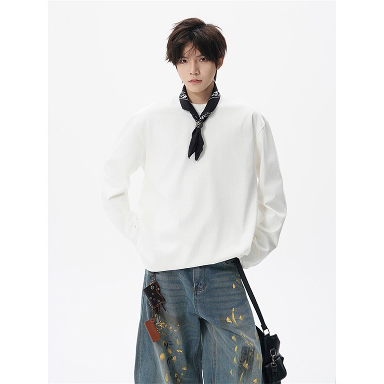 抖音得物高品质260克重磅精梳德绒保暖长袖T恤纯色打底针织衫DR00，男装T恤，电商A486