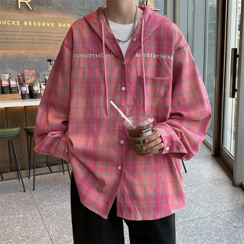 春秋格子长袖衬衫男连帽美式男女情侣宽松外套C0139-P43,男装衬衫,星座308B-2