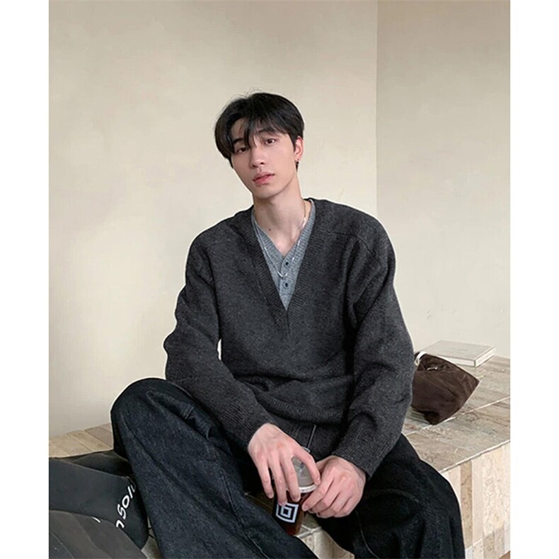 网图毛衣男冬季加厚假两件V领撞色针织衫潮牌拼接外套-A2371P58,男装针织衫/毛衣,电商B241