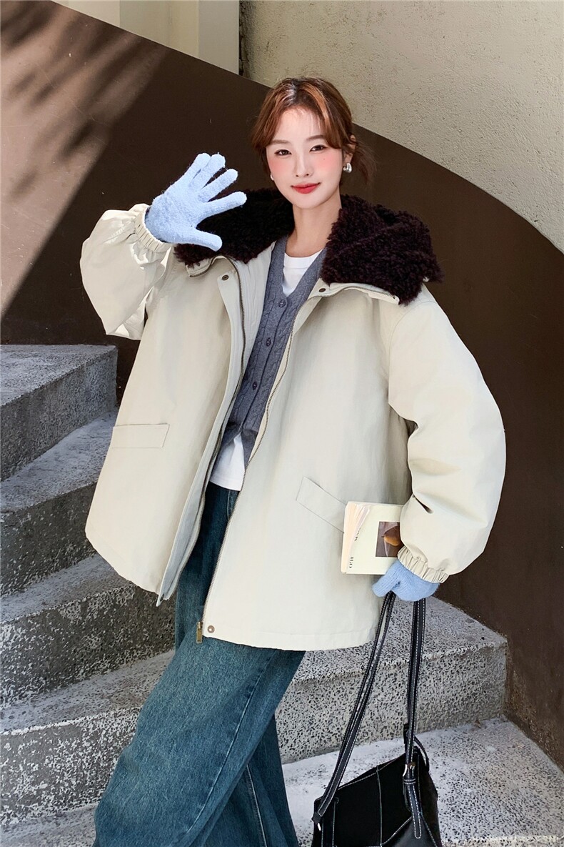 羊羔毛大翻领连帽工装派克服女中长款2025冬季90白鸭绒加厚羽绒服,女装羽绒服,2C159