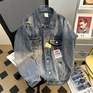 美式高街男士牛仔外套秋宽松休闲帅气蓝色重磅工装夹克JK1074-P75图片