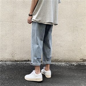 ins破洞牛仔裤男港风潮牌宽松直筒裤阔腿复古学生九分裤K247-P35图片