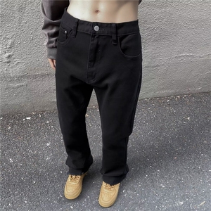 美式高街毛边黑色净版修身牛仔裤男女百搭直筒休闲vibe风微喇叭裤图片