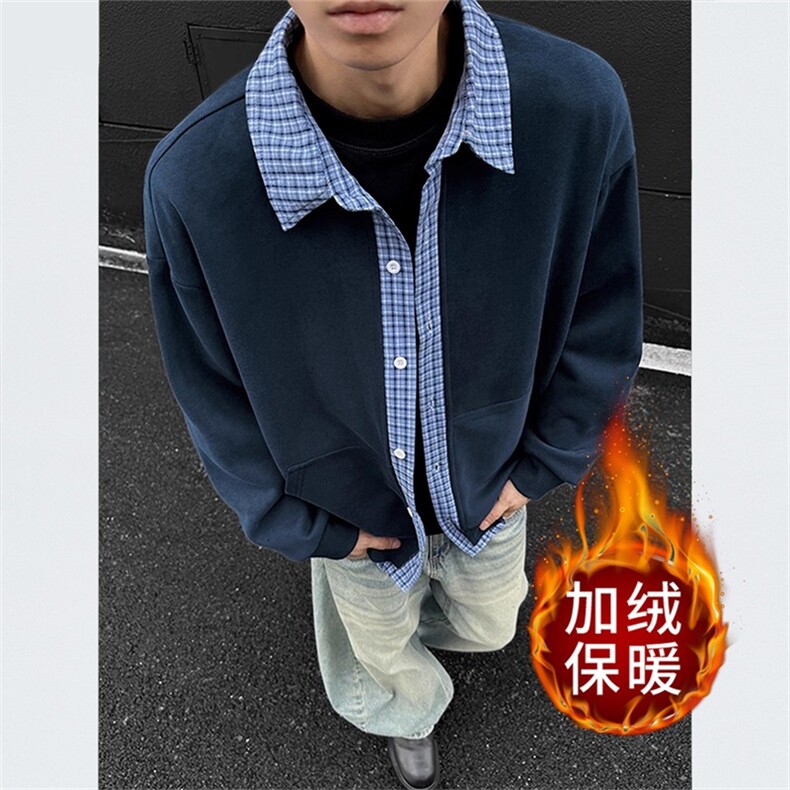 加绒加厚假两件拼接格纹新款上衣秋季男生卫衣外套WYR245图片