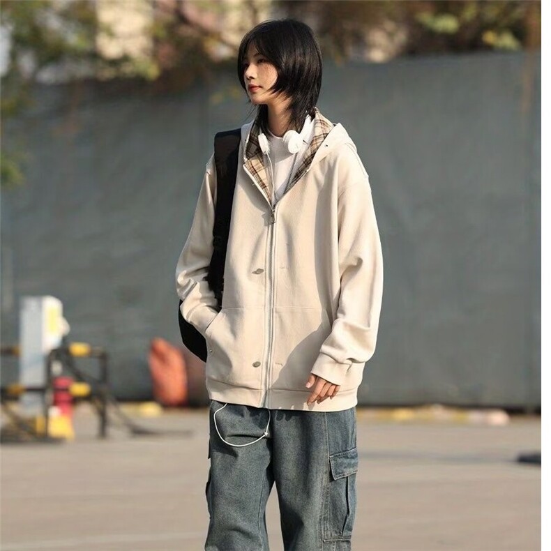 连帽开衫卫衣男女生春秋季日系格子宽松外套撞色休闲潮牌百搭上衣,男装夹克,星座1210-1