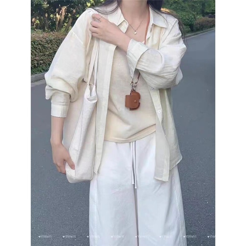 韩系白色薄款防晒长袖衬衫女夏装新款宽松慵懒风衬衣休闲外套上衣图片