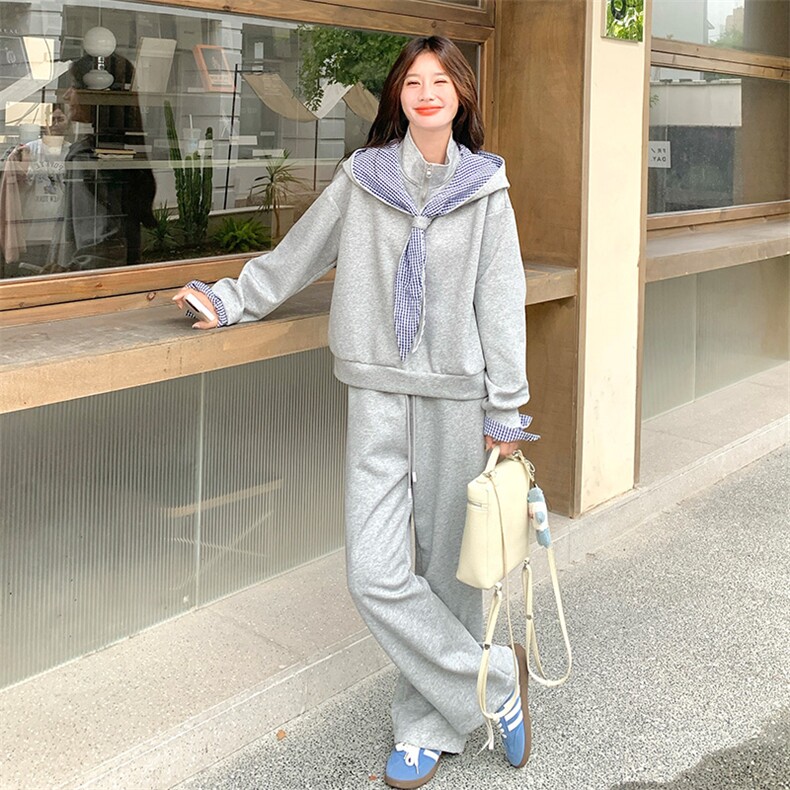 可拆卸连帽卫衣套装女2025春秋新款韩系小个子格子拼接卫裤两件套,女装套装/套裙,2C317A