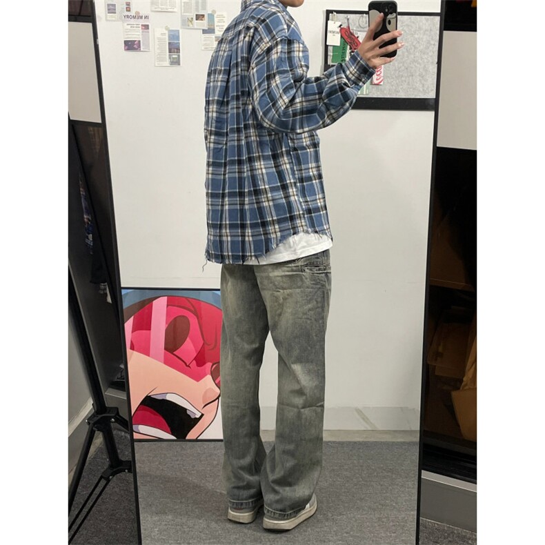 蓝色美式格纹衬衫男毛边格子长袖衬衣外套B326-P45,男装衬衫,星座1007（原301D）