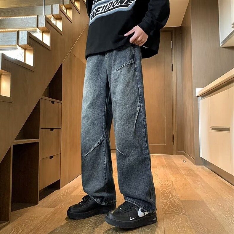 美式潮流牛仔裤男生复古水洗宽松直筒裤港风ins拖地阔腿裤子,男装牛仔裤,星座410-7