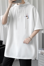 LD54239-P45连帽短袖t恤男大码胖子带帽五分袖中袖，男装T恤，电商A040