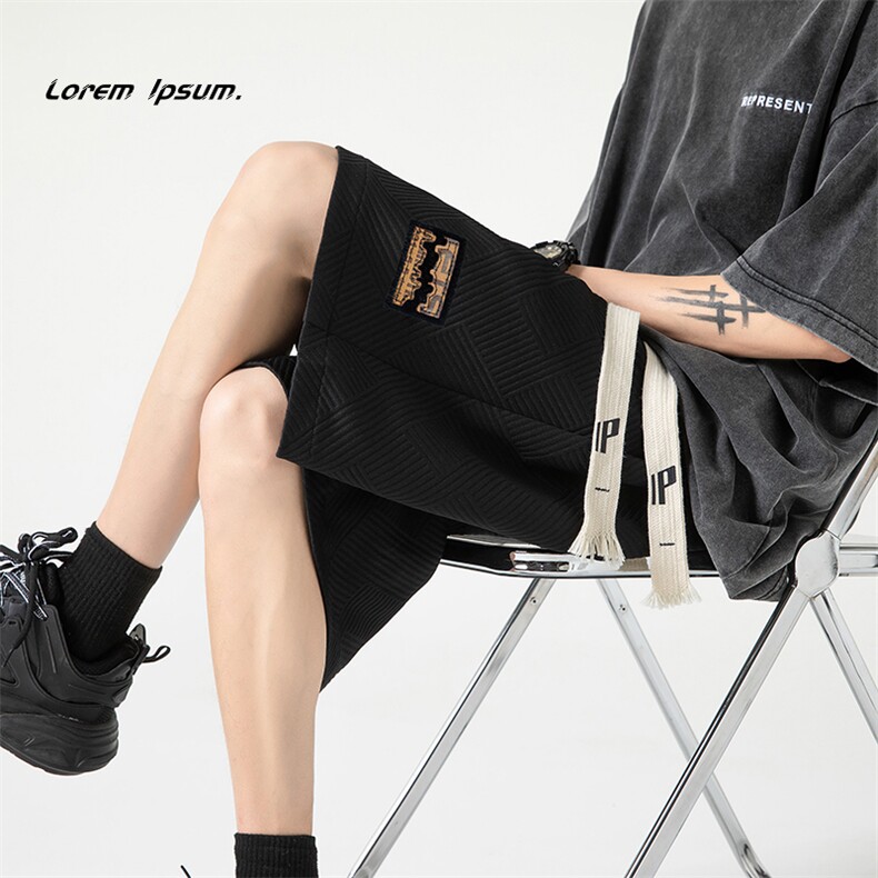 K306P38无影墙几何图形肌理感美式复古潮流宽松抽绳五分裤，女装休闲裤，电商A026-1