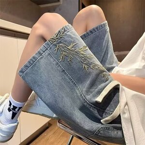 新中式竹叶刺绣牛仔短裤男夏季设计感高级国潮宽松休闲过膝五分裤图片