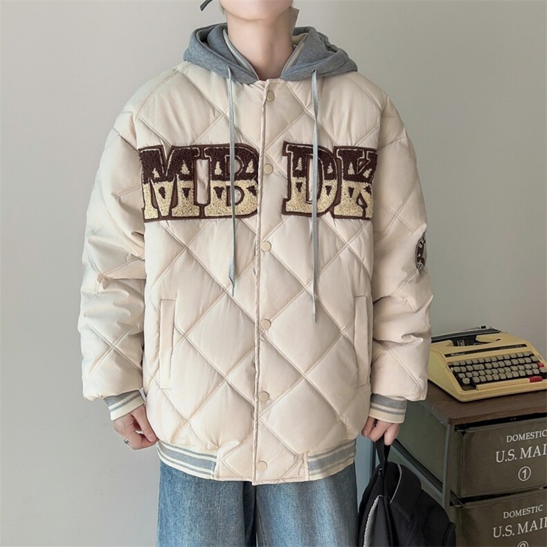 美式复古菱格2026年冬季新款连帽棉服男女假两件棉衣外套565/P98,男装棉衣,星座506