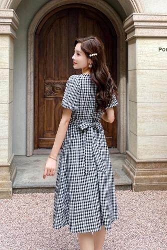 夏季新款复古小清新黑白格法式连衣裙，女装连衣裙，水锦红