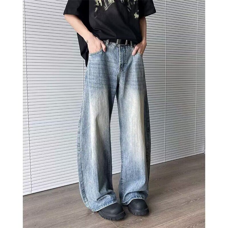 高街扎染竹节纹阔腿牛仔裤男cleanfit弯刀水洗休闲美式拖地微喇裤,男装牛仔裤,星座410-7