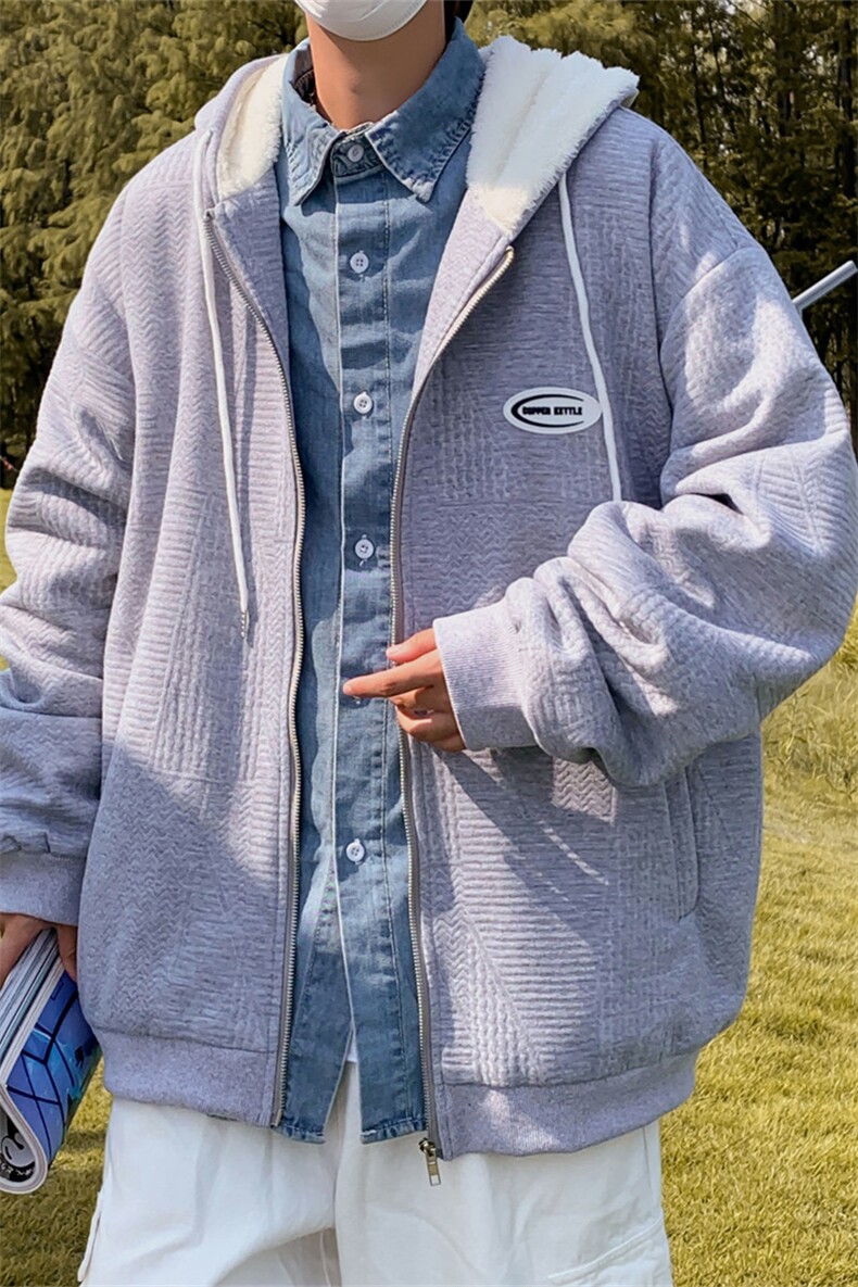WY6113J/加绒P75连帽卫衣男宽松外套男上衣羊羔毛加厚加绒卫衣,男装卫衣,电商A141