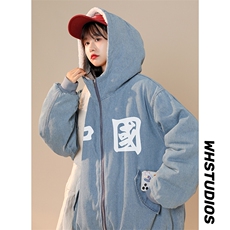 高品质休闲连帽牛仔字母情侣羊羔毛棉衣潮A161-2-MY519-P145，男装棉衣，电商A161-2