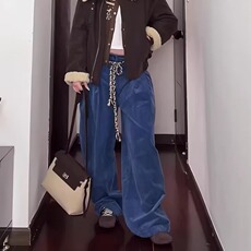 灯芯绒工装裤休闲裤男女美式复古秋冬可调节腰阔腿捏褶长裤，男装工装外套，星座813-2