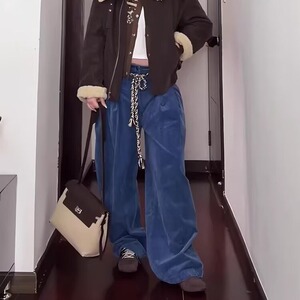 灯芯绒工装裤休闲裤男女美式复古秋冬可调节腰阔腿捏褶长裤图片