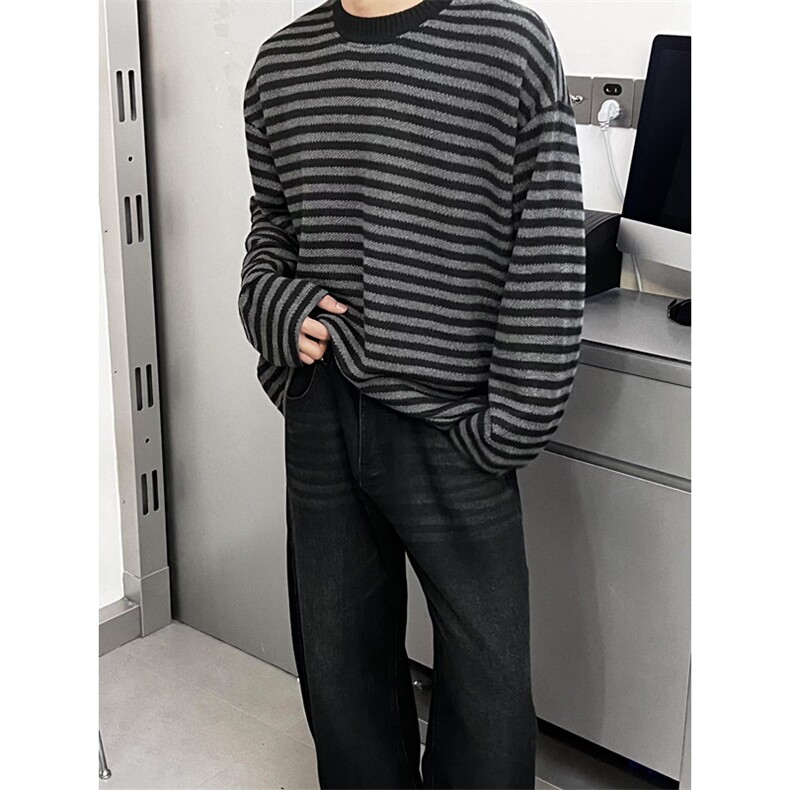 条纹卫衣男阔版落肩休闲外套秋冬双层复合针织圆领套头衫M7193,男装针织衫/毛衣,星座1116A（原606A-3）