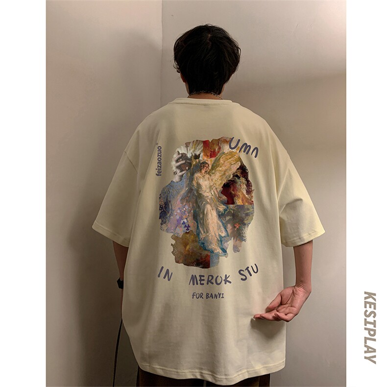 XT1053-TP25控价38油画印花短袖t恤男2023夏季复古宽松T恤,男装T恤,电商A102-1