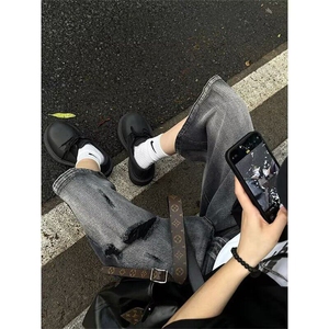 痞帅破洞牛仔短裤男夏季美式高街vibe宽松阔腿七分裤LM20677-p43图片
