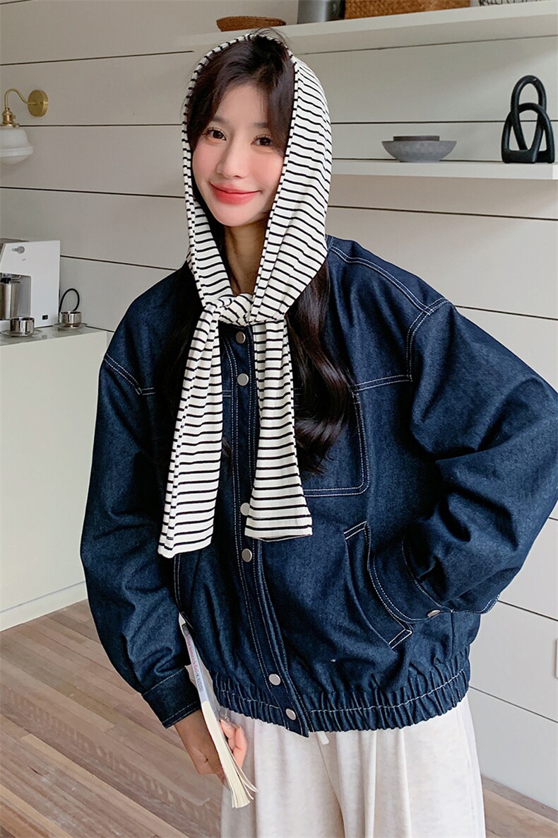 条纹披肩连帽牛仔外套女春秋2025新款今年流行爆款超火工装夹克,女装短外套,浙宝203