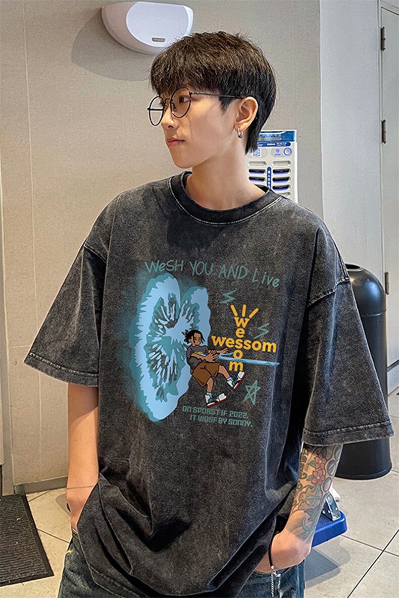 量大优！供视频240克重磅美式炒雪花水洗做旧短袖T恤,男装T恤,电商B367