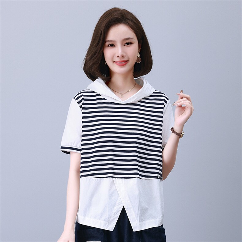 气质条纹卫衣外套女2025春秋新款假两件设计运动休闲潮流连帽上衣,女装衬衫,叶笙衣