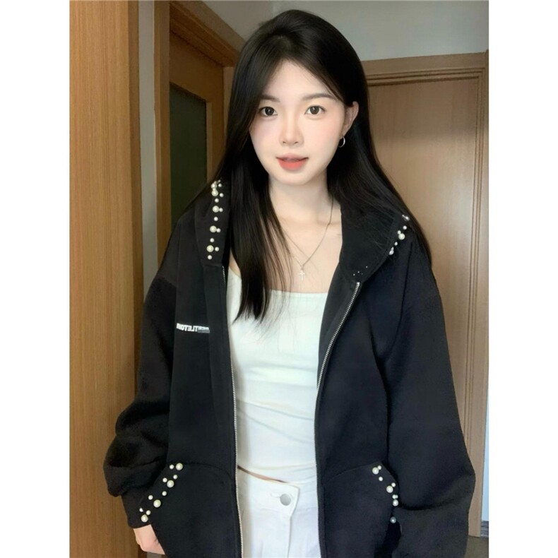 钉珠连帽开衫卫衣外套女2025新款秋冬美式高街复古宽松小众设计感,女装短外套,星座506A