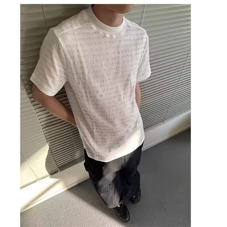 夏季静奢肌理混纺提花短袖t恤男黑色高级感痞帅修身圆领半袖男女,男装T恤,星座506A