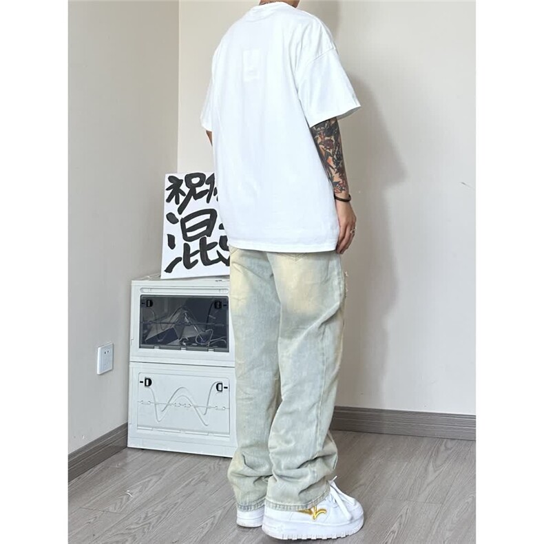 破洞牛仔裤男秋款直筒长裤美式复古vibe潮牌阔腿裤子AM509P42,男装牛仔裤,星座1013-5