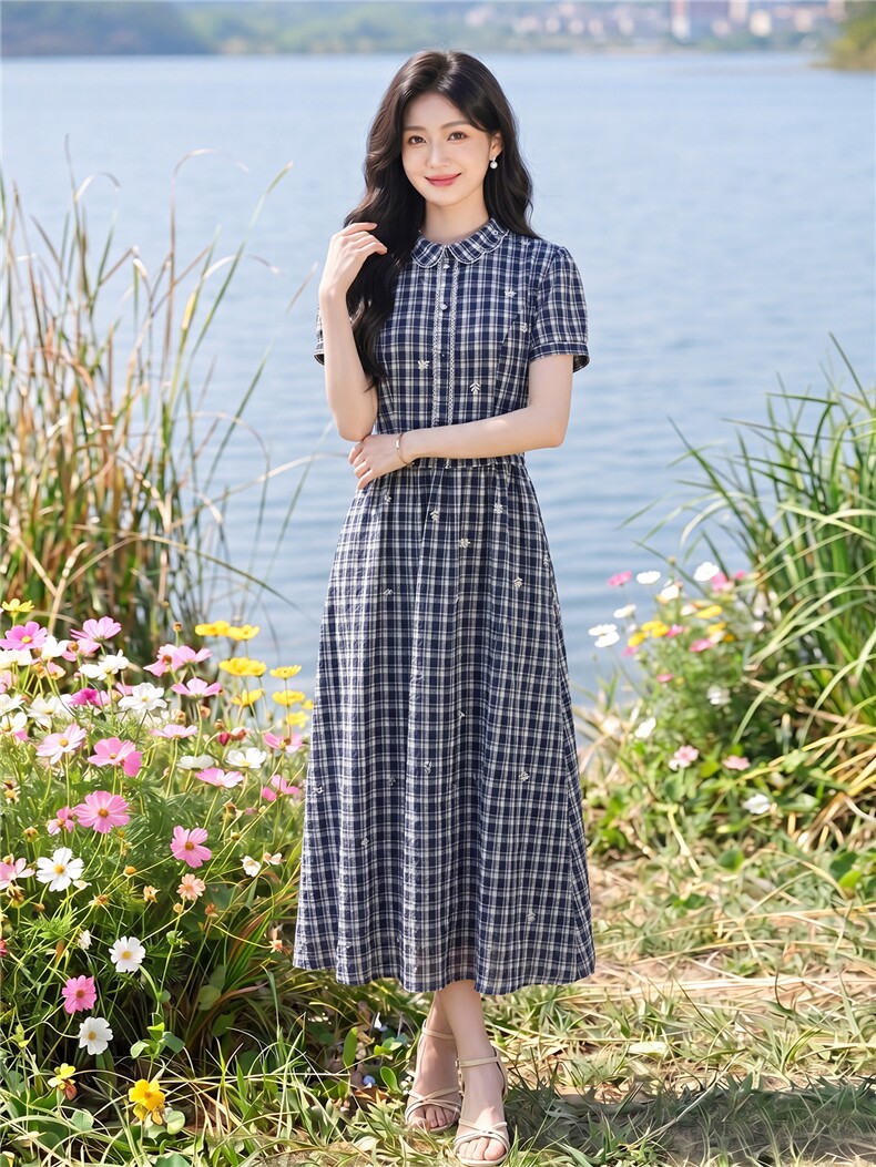 夏季格纹绣花收腰显瘦学院风优雅气质连衣裙,女装连衣裙,水衣源